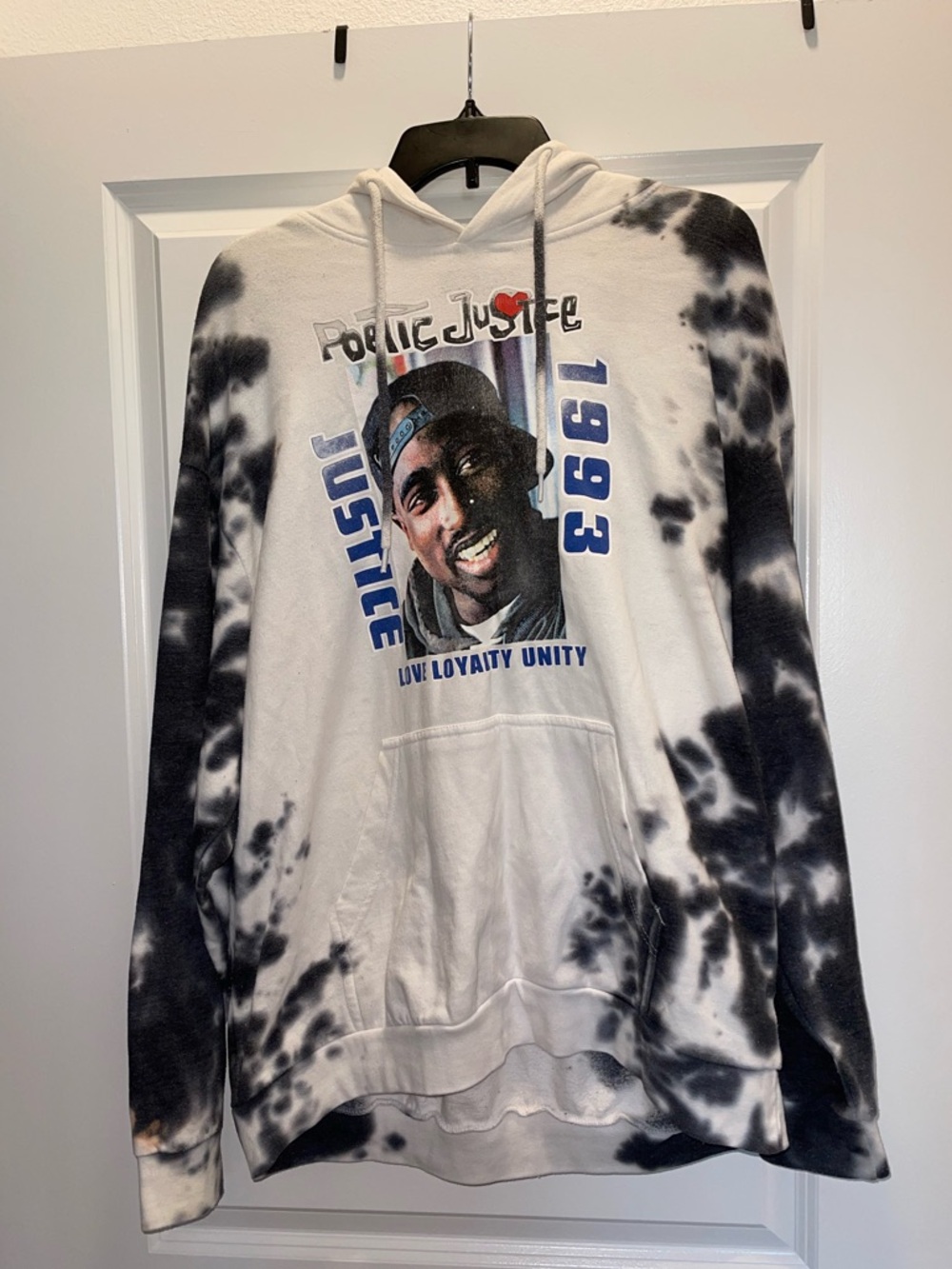 Poetic Justice Black and White Tie-Dye Graphic Hoodie w/ Tupac Portait- Size XL
